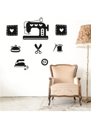 Wall/Window Wall Decor Tailor&#39;s Clothes Shop Logo Wall Decal Art Sewing Machine Iron Scissors Wall Mural Removable Sewing Store Decor Sticker TM-60 (Black)