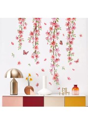 fanquare Hanging Vine with Blossom Wall Decals Flower Vine Wall Stickers Hanging Red Flowers Leaves Wall Decor for Bedroom Living Room Decor