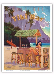 South Seas Tiki Bar - Bali Hai Makana Mountain - Kauai Hawaii - Vintage Hawaiian Travel Poster by Rick Sharp - Master Art Print (Unframed) 9in x 12in