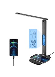 poukaran LED Desk Lamp with Wireless Charger, USB Charging Port, Table Lamp with Clock, Alarm, Date, Temperature, Desk Lamps for Home Office,Black