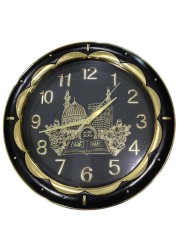 Islamic Wall Clock AMN-447 Round Shape 13 inch Diameter Design Allah Muhammad Names Arabic Calligraphy House Room Office Mount Decor Muslim Eid Ramadan Gift (Black)
