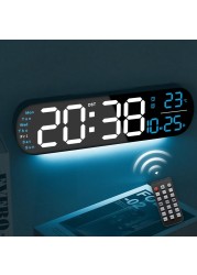 YUANRANER 13.7&quot; Digital Wall Clock Large Display with Remote Control,Dual Alarm,Auto-Dimming,Big Digits,Auto DST Clock for Bedroom Living Room Decor with 9 Adjustable Ambient Night Lights-Blue