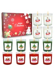 Set of 12 Christmas Themed Scented Votive Candles in Glass, Small Red Apple&amp;Cinnamon, Green Cedar and White Vanilla&amp;Cake Candles with Snowman, Santa Claus and Pine for Holiday Home Decor, &lrm;2&quot;W x 2.4&quot;H