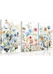 3-Pieces Set Framed Watercolor Daisy Flower Canvas Wall Art Colorful Plant Decor Girls Pink Wildflower Pictures Green Leaves Rustic Art Purple Printing Farmhouse decor Living Room Bedroom Bathroom