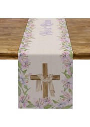 He is Risen Table Runner Easter Christian Cross Resurrection Lily Flower Spring Holiday Party Kitchen Dining Home Decor