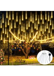 JMEXSUSS Solar Meteor Shower Rain Lights 30cm 8 Tube 144 LEDs Warm White Meteor Lights Led Falling Rain Fairy String Lights for Xmas Tree Wedding Holiday Party Patio Decoration