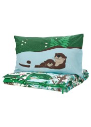 Duvet Cover And Pillowcase Blue Green/Forest Pattern 150X200/50X80cm