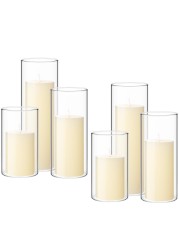 Shihanee Set of 6 Pillar Candles and Glass Cylinder Vases Clear Cylinder Candle Holders for Slim Tall Pillar Candles Wedding Centerpieces(2.6&#39;&#39; x 4.7&#39;&#39;, 5.9&#39;&#39;, 7.9&#39;&#39;,Ivory White)