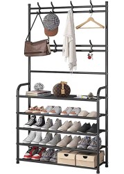 Dreamons link Coat Rack,3-in-1 Hall Tree Shoe Bench with Coat Hat Umbrella Rack,Storage Shelves with 8 Hooks, Multifunctional Hallway Organizer (Black)