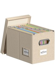 DYWMM Hanging File Filing Box with Lid, Linen Collapsible File Organizer Box for Hanging Folder, Office/Home Decorative Storage Boxes Filing Cabinet (Beige, 14x9.3x10.9)