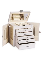 Frebeauty Large Jewelry Box,6-Tier PU Leather Jewelry Organizer,Multi-functional Storage Case with Mirror,Accessories Holder with 5 Drawers for Necklace Bracelets Watches(Pearl White)
