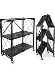 Uujuly Foldable Metal Storage Shelf, Space Saving 3-Tier Kitchen Shelving Storage Rack, Large Capacity Iron Wire Collapsible Shelves Organiser For Bedroom Living Room Office Garage No Assembly (Black)