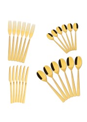 Life Smile 24 Pieces Cutlery Set Service for 6 person,Pure Stainless Steel Flatware Set,Mirror Polished Cutlery Utensil Set Include Spoon/Fork/Knife/Tea Spoon(SHINE GOLD &amp; SAND BLASTING HANDLE)