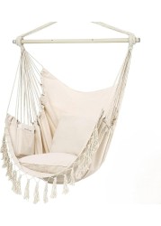 VITAL Travel Canvas Hammock Garden Sports Dormitory Bedroom Hanging Chair Outdoor Swing Hanging Rope Hammock Chair Swing Seat Best for Indoor Outdoor Hanging Rope Swing Seat Chair Beige