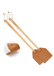 SAMEBUTECO Heavy-Duty Leather Fly Swatter with Bench Wood Handle - 19.7&quot; Length, Ideal for Effective Insect Control (2-Pack, Brown)