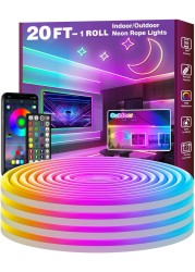 20Ft Neon Rope Lights,Flexible Led Rope Lights Control with App/Remote,Multiple Modes Rope Lights,IP65 Outdoor RGB Led Neon Lights Waterproof,Music Sync Gaming Led Neon Light Strip for Bedroom Decor