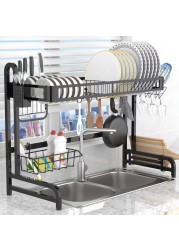 MZH Qryy Dish Drying Rack Over The Sink, Leaderpro Premium 304 Stainless Steel Dish Drainer Shelf, Kitchen Supplies, Countertop Space Saver Display Stand Tableware Organizer Utensils Holder, Black