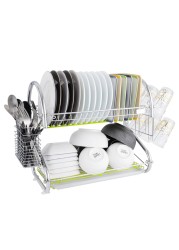 LIFE SMILE Dish Rack - 2 Tier Countertop Dish Drying Stand With Removable Drip Tray - 304 Stainless Steel with Utensil Holder and Cups Holder - Anti Slip and Rust Proof Dish Drainer