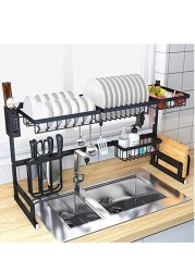 Radiotronics Over Sink Dish Drying Rack Kitchen Counter Storage Shelf Drainer Organizer Utensils Holder Stainless Steel, Black
