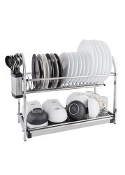 LIFE SMILE Dish Rack - 2 Tier Countertop Dish Drying Stand With Removable Drip Tray - 18/10 Stainless Steel with Removable Utensil Holder - Anti Slip and Rust Proof Dish Drainer