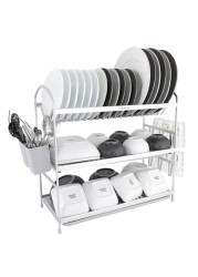 LIFE SMILE Dish Rack - 3 Tier Countertop Dish Drying Stand With Removable Drip Tray - Pure Aluminum with Cutlery Holder and Cups Holder - Anti Slip and Rust Proof Dish Drainer