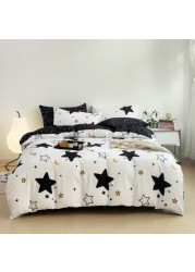 Single Size 4 Pieces Set, Reversible Duvet Cover Set, Blue Stars Design With Navy Blue Bedsheet Color
