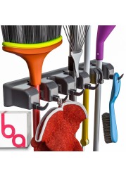 Berry Ave Broom Holder Wall Mount Garden Tool Organizer Home Laundry Room Kitchen Closet Shed Garage Organization and Storage Utility Rack 5 Slots 6 Hooks Rake Shovel Mop Hanger Black