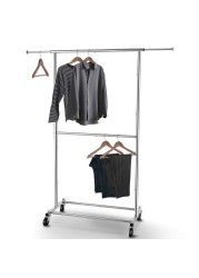 Simple Trending Double Rod Clothing Garment Rack, Rolling Clothes Organizer on Wheels for Hanging Clothes, Chrome