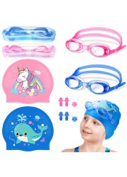 8 Pack Kids Swim Cap for Long/Short Hair, Unisex Silicone Swimming Cap for Age 2-14 with Goggles Ear Plug Nose Clip Bathing Swim Caps for Children Boys Girls (Unicorn, Whale)