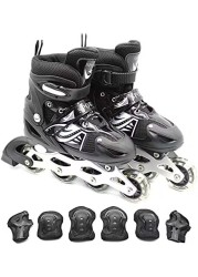 EASY FUTURE Inline Skates Adjustable Size Roller Skates with Flashing Wheels Children Skate Shoes Including Protective Gear Knee Elbow Wrist Black Large (39-42)