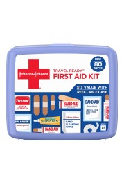 Johnson Johnson Travel Ready Portable Emergency First Aid Kit for Minor Wound Care with Assorted Adhesive Bandages Gauze Pads More Ideal for Travel Car OnTheGo 80 pc