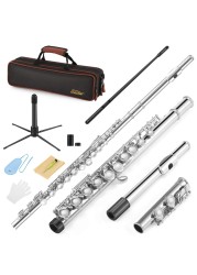 Eastar C Flutes Closed Hole 16 Keys Flute for Beginner Kids Student Flute Instrument with Cleaning Kit, Stand, Carrying Case, Gloves, Tuning Rod, Nickel, EFL-1