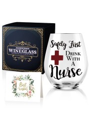AGMDESIGN Safety First Drink With A Nurse Wine Glass With Gift Box, Funny Nurse Gifts For Nurses, Doctor, Dentist, Nursing Student, Physician, Practitioner, Coworker, Nurses Day Nurse Graduation Gifts