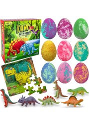 Bath Bombs for Kids with Surprise Toys Inside Plus Dinosaur Puzzle - Set of 9 Organic Dino Egg Bath Bombs with Rich Bubbles, Christmas Gift for Kids