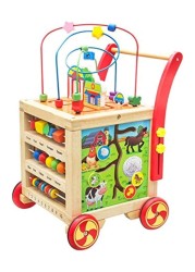 Wooden Baby Walker with Puzzle and Beads &ndash; Multi-Function Four-Sided Activity Toy Storage Box for Toddlers, Educational Walker with Interactive Puzzle