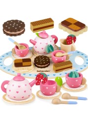 Wooden Tea Set for Little Girls Birthday Gift 2-4 Year Old Princess Toys Play Food Sets for Kids Kitchen Accessories Toddlers 3-5 Outdoor Party 1-3 Pretend Food Dessert Cookies Wood Toy