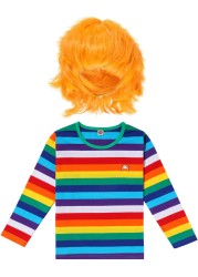 Halloween Ghost Doll Costume, Anime Wigs Rainbow Shirts Fake Knife Fake Scar Temporary Tattoos for Kids Cosplay Party(Size 130)