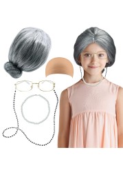 4E&#39;s Novelty Old Lady Costume for Kids - for 100 Day of School Grandma Costume for Girls, Wig, Glasses Accessory for Toddlers age 3-10 (5 Pcs Set)