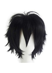 Anime Cosplay Wig Short Black Wigs for Women/Men Synthetic Curly Straight Fancy Dress Wig Layered Fluffy Halloween Costume Party Wig with Free Cap