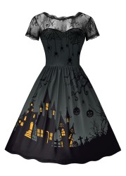 Womens Halloween Vintage A Line Swing Costume Lace Sleeves Party Pumpkin Witch Dress Dark Night M