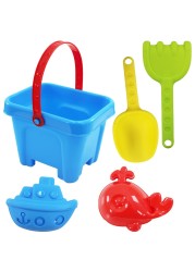 Kids Beach Sand Bucket Castle Set - 5-Piece 15x10x11cm with Bucket, Ship, Fish, &amp; 2 Spade Tools Outdoor Fun for Ages 3+