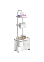 Freestanding Toilet Paper Holder Toilet Tissue Rack Scroll Stand Roll Dispenser with Storage Shelf Reserve for Phone Tablet Magazine Bathroom Organizer Bath Tissue Organizer (Silver)