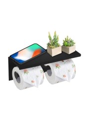 SUNTAI Double Toilet Paper Holder with Phone Shelf, 304 Stainless Steel Modern Bathroom Roll Tissue Holder Wall Mounted, Mattle Black