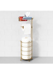 Goozii Gold Free Standing Toilet Paper Holder Stand with Phone Shelf, Floor Bathroom Tissue Holder for Large Mega Rolls, Metal Freestanding Toilet Paper Roll Holder with Wipes Storage Tray