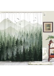 Accnicc Green Misty Forest Shower Curtain Set Ombre Sage Green White Waterproof Fabric Shower Curtains Nature Tree Mountain Woodland Decorative Bathroom Bath Curtain Decor (72&#39;&#39; &Atilde;&mdash; 72&#39;&#39;, Green)