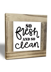 EDCTO Wood Plaque Sign, So Fresh So Clean, Decorative Signage for Bathroom, 4.3x4.3x0.7inch