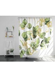 Tritard Green Eucalyptus Shower Curtains Gold Green Leaves Shower Curtain Natural Plants Botanical Shower Curtain for Bathroom Durable Waterproof Fabric Machine Washable with 12 Hooks, 72X72 Inches