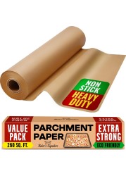 Bakers Signature Unbleached Parchment Paper for Baking 15 in x 210 ft 260 SqFt Baking Paper Roll with Cutter NonStick Brown Parchment for Baking Cooking Grilling Steaming and Air Fryer by