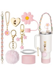 Stanley Cup Accessories with Handle Strap - Including Straw Topper, Water Bottle Strap, Silicone Stanley Boot, Cute Keychain Charms for Stanley 30oz 40oz Tumbler with Handle