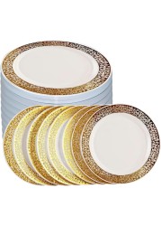 9&quot; Disposable Plastic Plates, White &amp; Gold Color, 35g Weight, Pack of 120 Plates